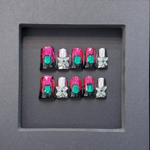 Ongles press-on faits main de haute qualité en acrylique <span class=keywords><strong>noir</strong></span> scintillant motif rose française, vente en gros - Product Image 3