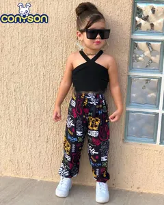 Conyson Newest 2024 Black Sleeveless Slip Short Top+Long Scrawl Pants Colorful Summer Baby 2Pieces Childrens' Clothing Girl Sets