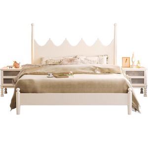 Light French Style <b>Solid</b> <b>Wood</b> Double Bed 1.35M Platform Bed Frame Creamy Color Master Bedroom Girl's Room Home Use - Product Image 4
