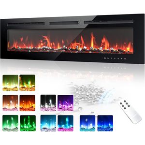 Chimenea Eléctrica EUHOMY de 50 Pulgadas para Montar en la Pared con Llama de Color Ajustable y Control Remoto, Calentador Moderno de Vidrio Templado Negro - Product Image 1