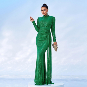 Robe de soirée européenne et américaine à manches longues, élégante, col rond, sexy et ajustée, style long, robe de demoiselle d'honneur - Product Image 3