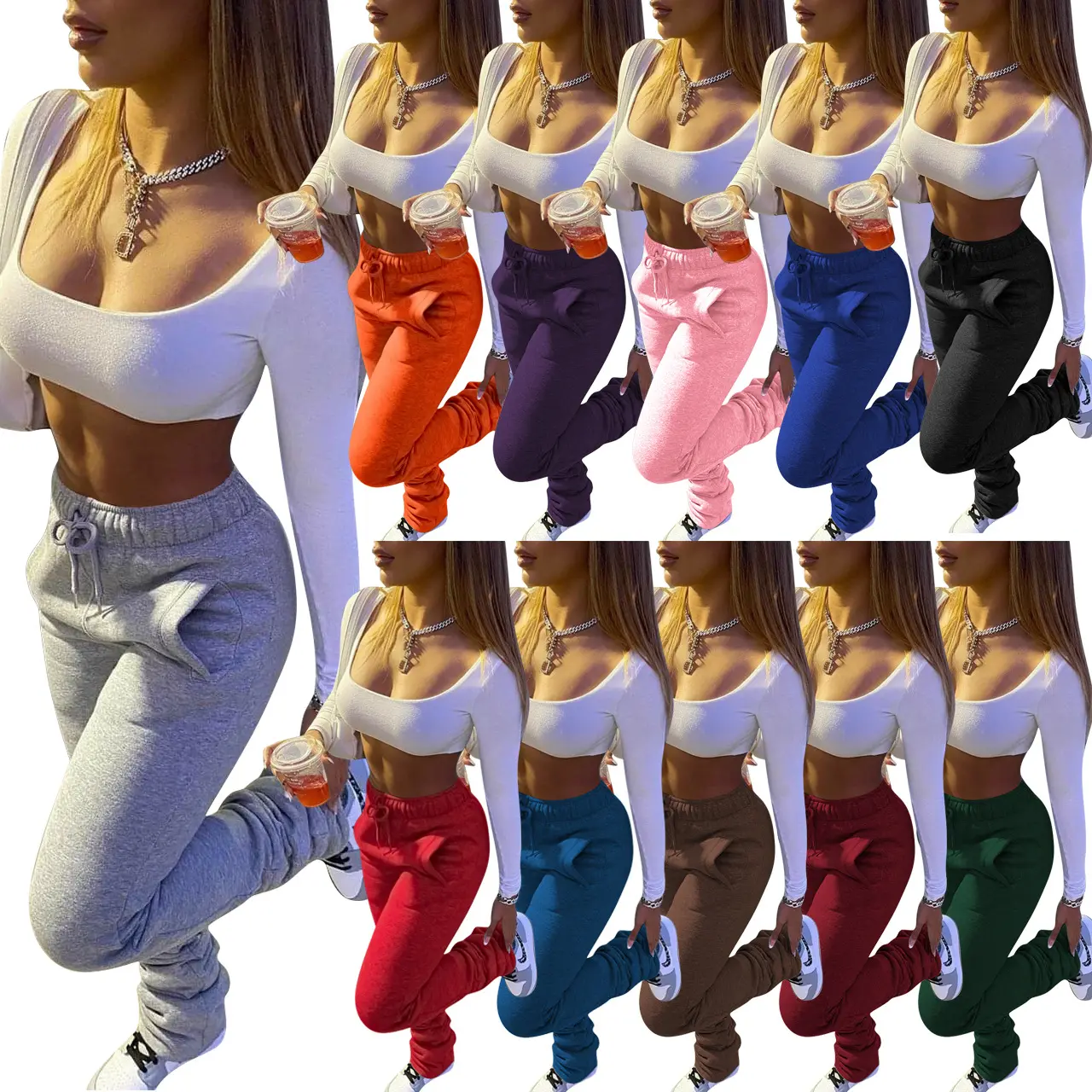 Embroidery Stacked Sweatpants For Women Patchwork Fashion Sporting Joggers Skinny Casual With Slit Women Stacked Sweat Pants