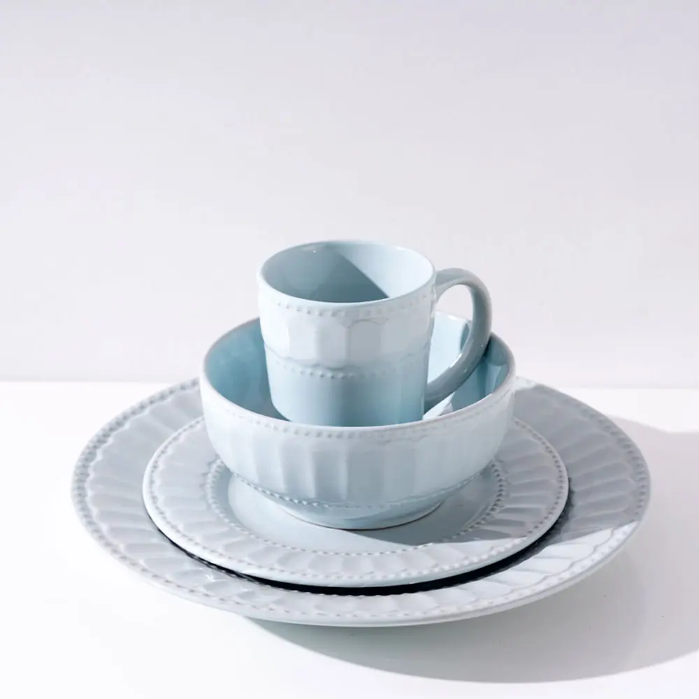 Dekorative 16 Stück Himmelblau Farbe Glasur Steinzeug Keramik Geschirr Teller Geschirr Sets