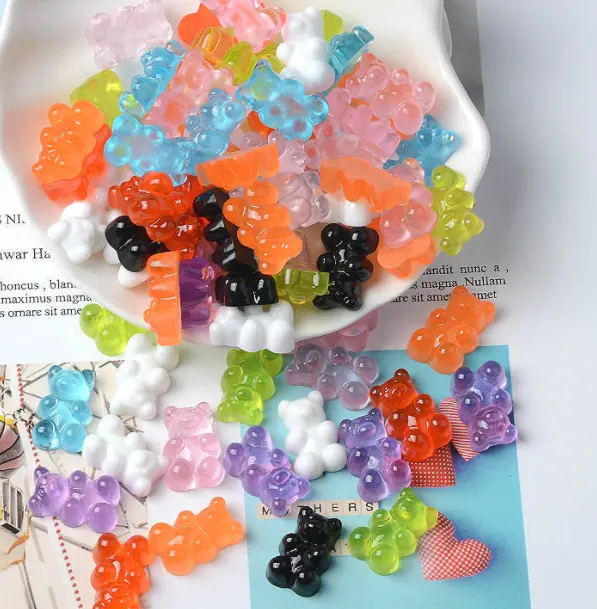 Abalorios de joyería para uñas de varios colores, oso de peluche de goma, kawaii, resina plana, cabujón, oso