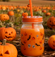 Impression personnalisée en gros 15oz 450ml tasse à café de jus d'eau peut façonner le verre à bière avec paille et couvercle en bambou pour Halloween
