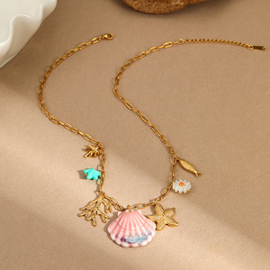 18K chapado en oro de acero inoxidable Seashell Starfish Ocean Style Collar para mujer verano playa vacaciones joyería minimalista - Product Image 5