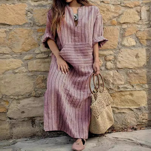 2025 nouvelle <span class=keywords><strong>robe</strong></span> longue ample rayée en fil de coton et de <span class=keywords><strong>lin</strong></span> teint pour femmes avec poche - Product Image 5