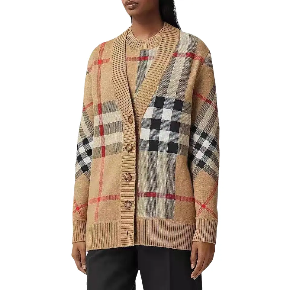 2023 Oversize Classic Cardigan Single Breasted Sweater Ribbing V Neck Long Sleeve Checkered Plus Size Women'S Wool Sweaters