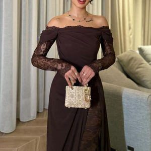 Abito da sera lungo in pizzo marrone <span class=keywords><strong>con</strong></span> <span class=keywords><strong>spacco</strong></span> <span class=keywords><strong>laterale</strong></span>, modello A-line, personalizzabile, pronto per la spedizione, ideale per feste e balli di fine anno, stile Dubai, <span class=keywords><strong>con</strong></span> maniche lunghe. - Product Image 5