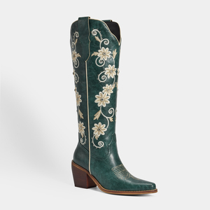 Stivali Alti da Donna WETKISS con Ricamo Floreale Personalizzato, Strass, Punta Affusolata, Stile Vintage, Neri, al Ginocchio, da Cowgirl - Product Image 2