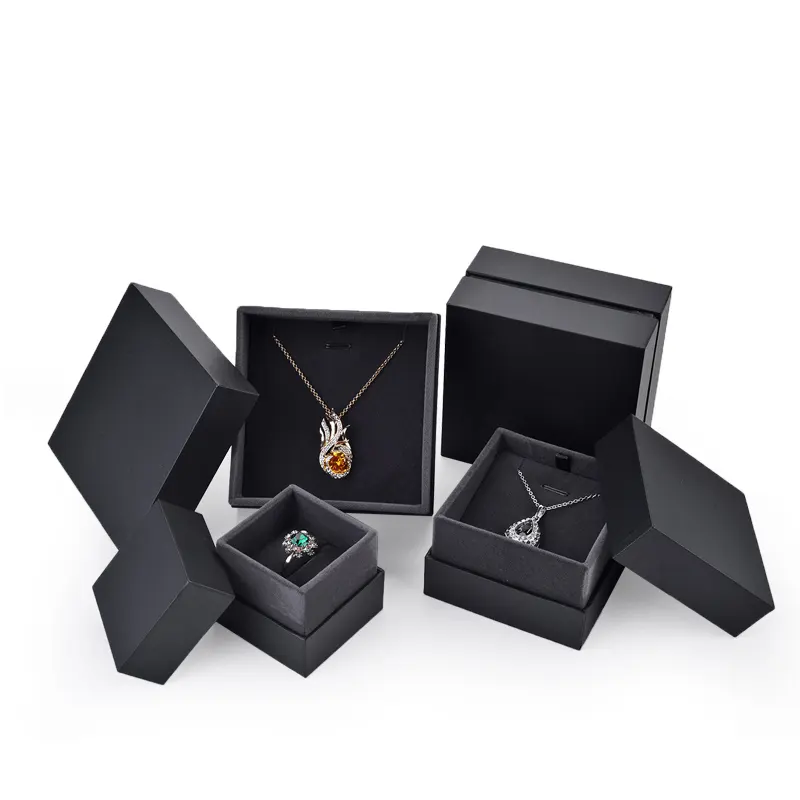 Disesuaikan karton mewah hitam Set kertas cincin anting perhiasan kalung Set kotak Logo