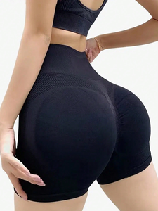 High Waist Black Seamless Yoga <b>Shorts</b> With Mesh Panel Tummy Control Shapewear <b>Ruched</b> Butt Design - Product Image 1