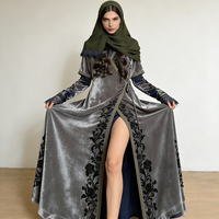Abaya formelle quotidienne pour femmes, tendance, en velours gunmetal noir, avec dentelle florale, fente haute, enveloppe