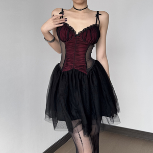 ชุดเดรสสไตล์โกธิคบาเลต์คอร์สำหรับผู้หญิง ดีไซน์สีเข้ม แขนกุด ผ้าตาข่ายซ้อนชั้น สีตัดกัน ชายกระโปรงระบายสั้น ให้ลุคธรรมชาติ - Product Image 5