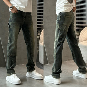 Jean délavé premium pour homme, en denim extensible, détails usés, taille mi-haute, style décontracté urbain, pantalon streetwear, vente en gros - Product Image 1