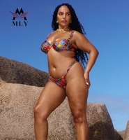 Kleurrijke Geometrische Print Stropdas Aan De Zijkant String Bikini Badmode Halter Driehoek Plus Size Badpakken Snel Droog Damesstrandkleding