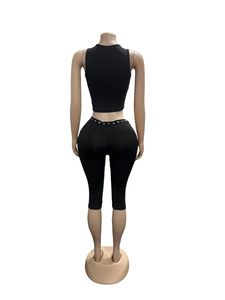 <strong>Sexy</strong> 2 Piece Set <strong>Women</strong> O Neck Lace up Hollow Out Crop Top and Capri Pants Matching <strong>Women's</strong> Sets <strong>Outfits</strong> - Product Image 3
