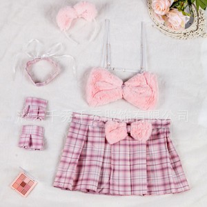 Wholesale of Mickey Mouse role-playing lingerie <b>set</b> featuring a pure and elegant plaid <b>suspender</b> print and bow. - Product Image 1