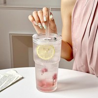 Verres à rayures verticales larges pour le dropshipping, livraison gratuite, avec couvercle et paille, pour boissons froides, eau et café, bouteille d'eau