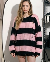 Pull en maille chic rayé et déchiré - Pull ample et décontracté pour femme, haut tendance automne/hiver avec déchirures et blocs de couleurs audacieux