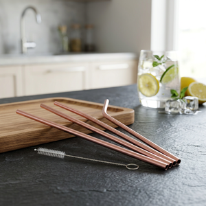 Rose Gold Metal <b>Drinking</b> <b>Straws</b> 4-Pack Reusable Bar Accessories Modern Style - Product Image 2