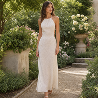 Robe longue en mousseline tissée à col licou, imprimé numérique à pois, taille naturelle, dos ouvert, style bohème plage, vente en gros, personnalisable OEM