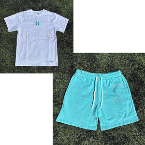 Unisex Pink Embroidered T Shirt and Drawstring Shorts <b>Set</b> Casual Loose Fit 2 Piece Outfit Elastic Waist <b>Lounge</b> <b>Set</b> - Product Image 3