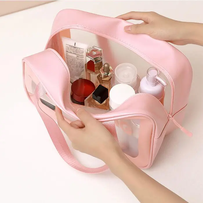 Waterdichte Wassen Handvat Draagbare Tas Handvat Roze Clear Toilettas Make-Up Cosmetische Reistassen Met Rits