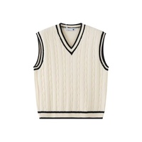 Gilet en acrylique torsadé à col en V pour homme, avec bordure contrastante, sans manches, ourlet côtelé texturé, style preppy universitaire, automne
