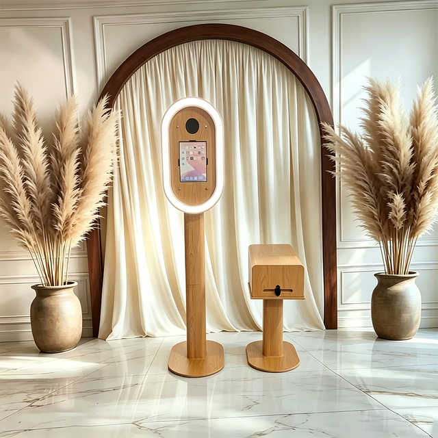 Retro Oval Lightweight Wood-grain Aluminum Photo Booth Camera Instant Print Self-Service Print for Wedding/Birthday Parties