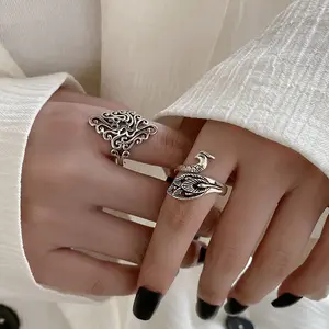 时尚动物造型戒指孔雀可调戒指925纯银个性夸张戒指