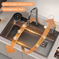 Évier de Cuisine Intelligent Noir à Cascade LED en Acier Inoxydable 304 de Haute Qualité, Multifonction avec Lave-Tasses