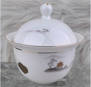 Service de vaisselle de luxe chinois, vaisselle en porcelaine avec décor paysage d'encre et pagode dorée, bordure dorée à la main, pour hôtel, banquet, mariage, maison. - Product Image 6