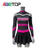 Tenue de cheerleading scintillante noire et rose pour filles, uniforme personnalisé à manches longues pour compétition d'équipe avec impression numérique en Spandex/Polyester