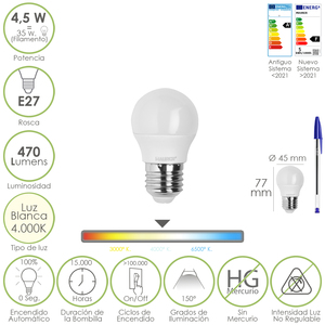 Lampadina LED Sferica E27 a Vite, 4,5 Watt. Equivalente a 55 Watt. 470 Lumen. Bianco Neutro (4000K) - Product Image 1