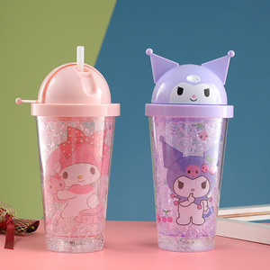 Cartoon Plastic Straw Cup Double Wall Portable Water Bottle For Students Summer Theme Pink Dark Violet Two Piece Set - Product Image 3