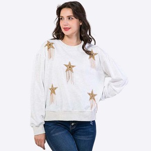 Applique Strass Étoile Patchwork Perlé Gland Femmes Sweat Top pour Femmes - Product Image 3