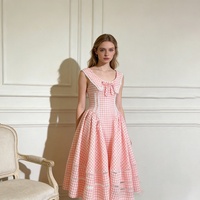 Robe Midi Femme Printemps-Été Taille Haute Coupe Évasée Sans Manches à Nœud Motif Écossais Haut de Gamme Nouvelle Collection Vente en Gros Usine