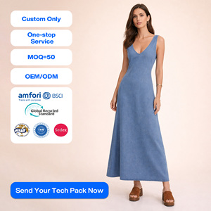 SHENGFU Vestido Largo Vaquero Personalizado OEM/ODM, Sin Mangas, Cuello en V, Corte en A, Elegante, Casual, Verano, <span class=keywords><strong>Boutique</strong></span>, Venta al Por Mayor - Product Image 1