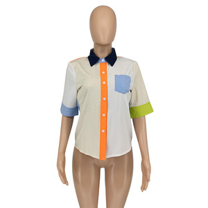 Summer New Fashion Casual Splicing <b>Patchwork</b> Color Collision Short Sleeve <b>Shirt</b> Blouse Fashion - Product Image 4