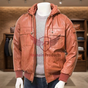 <b>High</b> Quality Super <b>Leather</b> Jacket Premium Men Tan <b>Leather</b> Hooded Bomber Jacket Customized Fit and Style Handcrafted <b>Top</b> Quality - Product Image 3