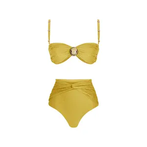 TW 2024 Neue modische Bademode Damen Metallperlen einteiliger badeanzug hohe taille Bikini-Set mit Sarong