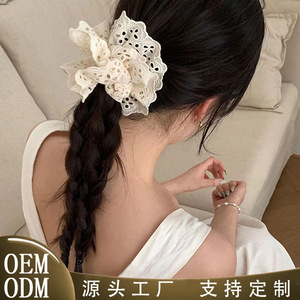 Zhao Lusi's same style white ballet-style hollowed-out lace hair tie, fabric scrunchie, Korean style scrunchie - Product Image 3
