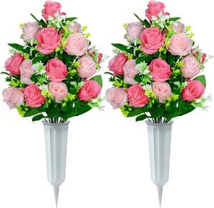 Bouquet de 18 roses artificielles pour cimetière, fleurs commémoratives pour cimetière, décoration de pierres tombales - Product Image 2