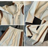 Costume pantalon deux pièces décontracté pour femme, uni, respirant, 100% polyester, fermeture éclair, manches longues, longueur midi, coupe régulière, à capuche, automne