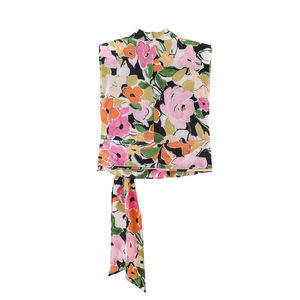 Chemisier floral personnalisé printemps 2026 à épaulettes rembourrées - Haut sans manches en mousseline avec ceinture à nouer pour <span class=keywords><strong>femme</strong></span>, OEM/ODM par l'usine chinoise - Product Image 2