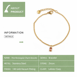 Bracelet à breloques rectangulaires en zircon rose, en acier inoxydable plaqué or 14 carats sous vide, chaîne fine avec fermoir mousqueton - Product Image 3