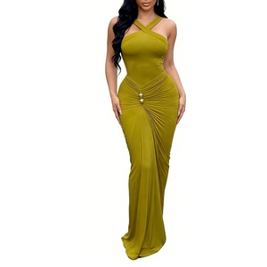 Vestido Maxi de un Solo Hombro con Fruncido y Detalles Dorados para Mujer, Vestido de Noche Ajustado sin Mangas para Eventos Formales - Product Image 1