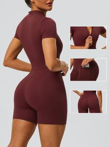 JY 2026 New Summer Yoga <strong>Jumpsuit</strong> <strong>for</strong> <strong>Women</strong> Half Zip <strong>Short</strong> Sleeve One Piece Workout Romper Side Pocket Stretchy Athletic Bodysuit - Product Image 2
