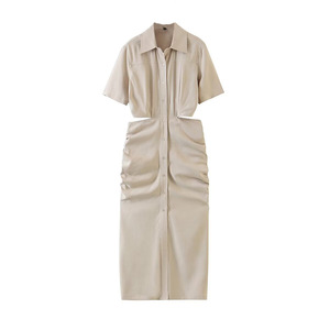 Automne nouvelle robe décontractée pour femmes à manches courtes revers simple boutonnage froissé taille ouverte durable doux automne - Product Image 5